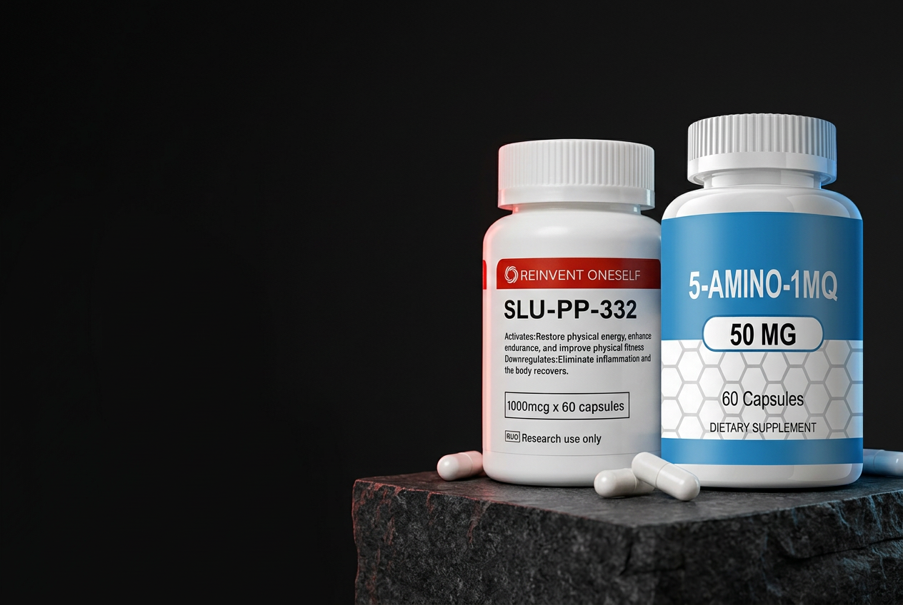 SLU-PP-332 and 5-AMINO-1MQ research capsule bottles on a stone platform